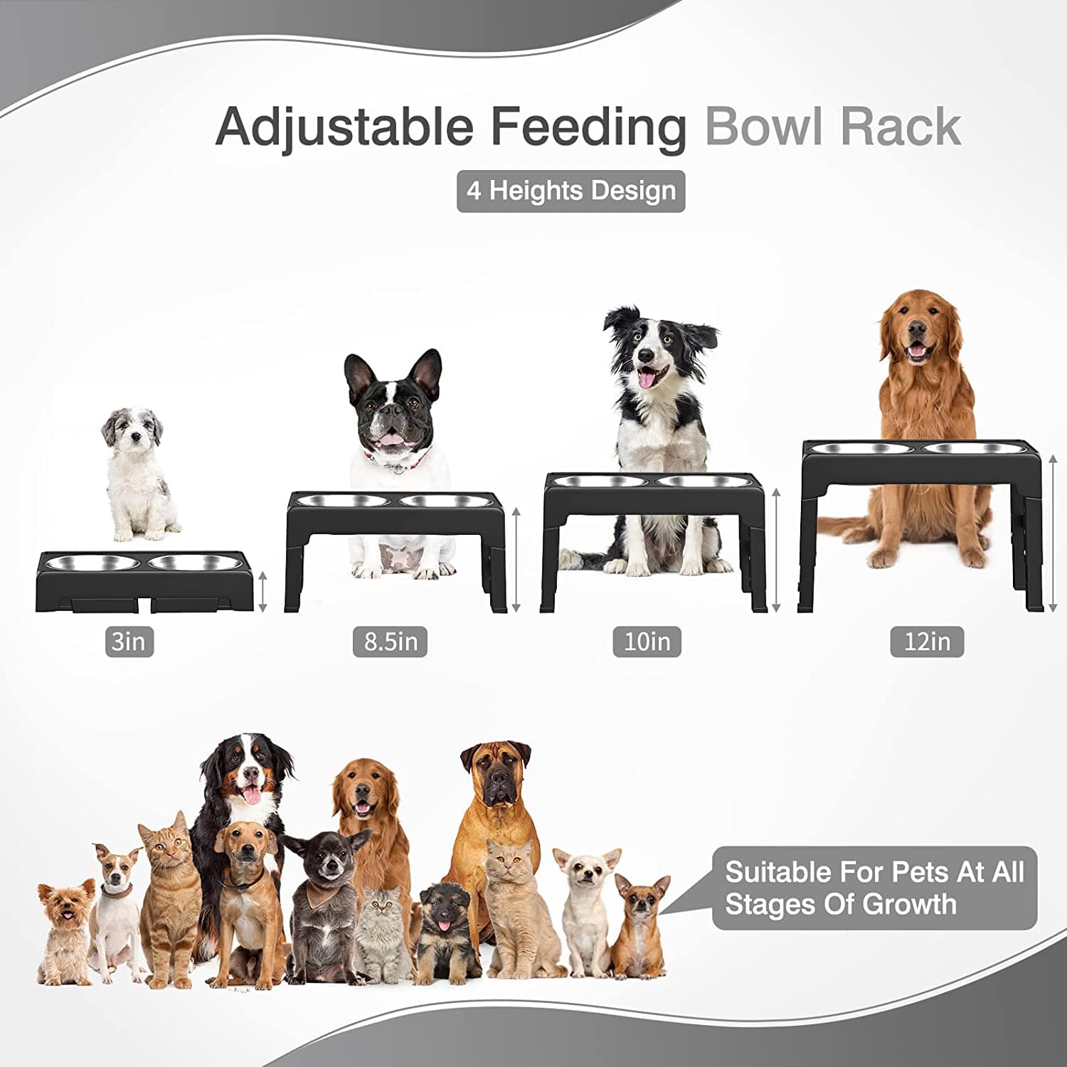 KUTKUT Elevated Dog Food Bowls 4 Height Adjustable Raised Dog Bowl with 2 Stainless Steel Dog Food Bowls Non-Slip Dog Bowl Stand Adjusts to 3.1", 8.6", 10.2", 11.8" for Small Medium Large Dog