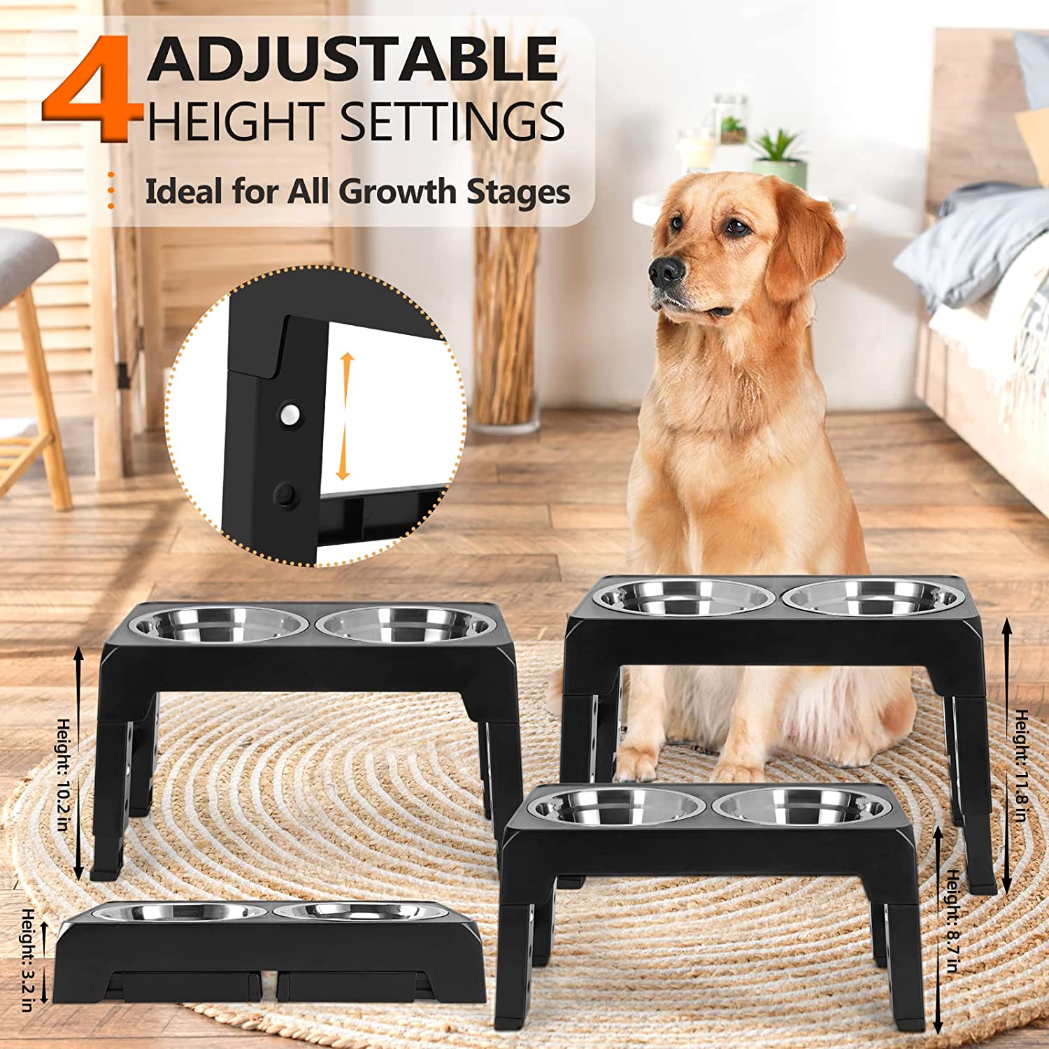 KUTKUT Elevated Dog Food Bowls 4 Height Adjustable Raised Dog Bowl with 2 Stainless Steel Dog Food Bowls Non-Slip Dog Bowl Stand Adjusts to 3.1", 8.6", 10.2", 11.8" for Small Medium Large Dog