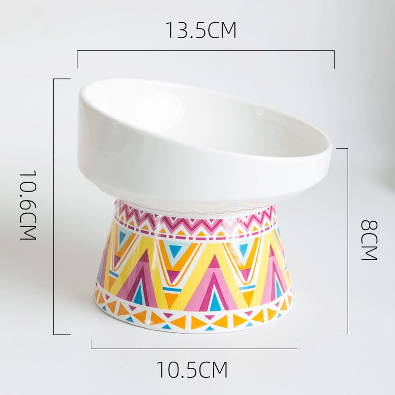 KUTKUT Newest 2022 Style Boho Pattern Round Ceramic Elevated Food Bowl Protect Pets' Spines and Neck, Anti Vomiting Porcelain Stress Free Tilted Bowl for Cats and Small Dogs (Medium) - kutkut