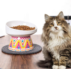 KUTKUT Newest 2022 Style Boho Pattern Round Ceramic Elevated Food Bowl Protect Pets' Spines and Neck, Anti Vomiting Porcelain Stress Free Tilted Bowl for Cats and Small Dogs (Medium) - kutkut