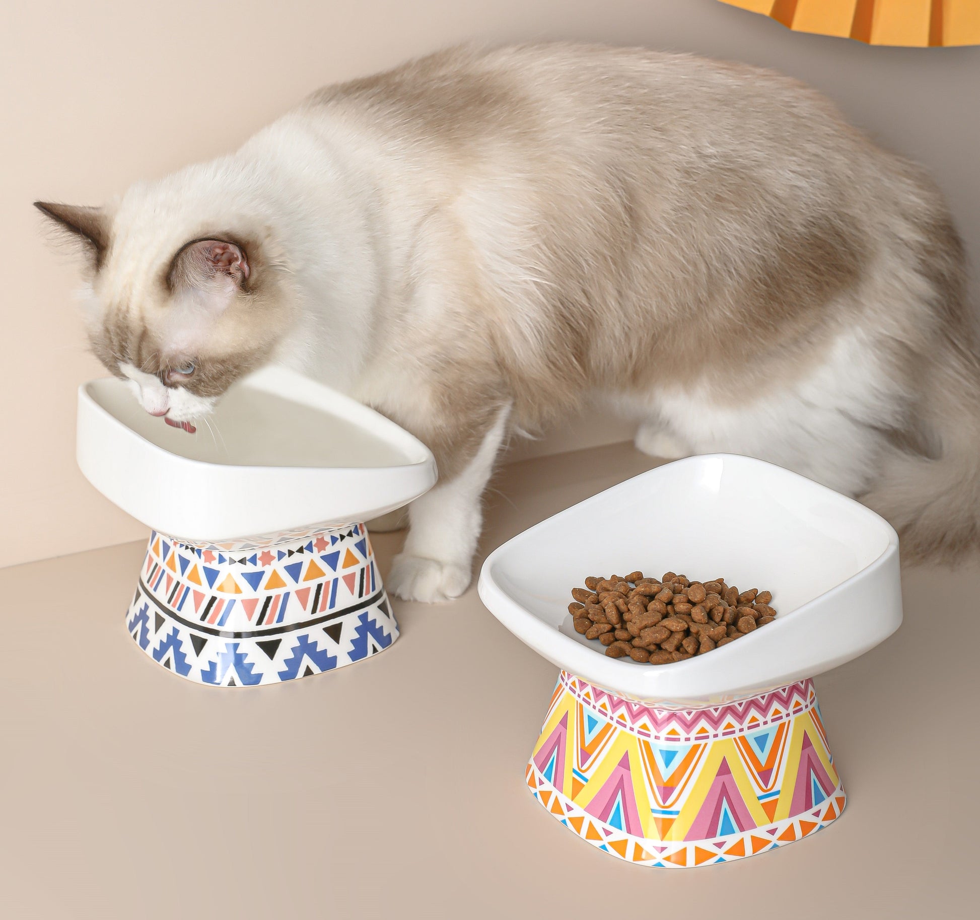 KUTKUT Newest 2023 Style Square Bohemian Pattern Ceramic Elevated Food Bowl Protect Pets' spines and Neck, Anti Vomiting Porcelain Stress Free Tilted Bowl for Cats and Small Dogs (Large)-feeding essentials-kutkutstyle