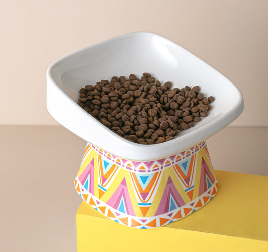 KUTKUT Newest 2023 Style Square Bohemian Pattern Ceramic Elevated Food Bowl Protect Pets' spines and Neck, Anti Vomiting Porcelain Stress Free Tilted Bowl for Cats and Small Dogs (Large) - ku