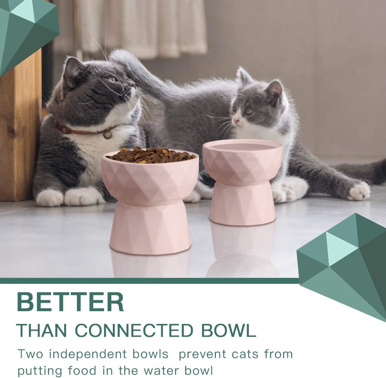 KUTKUT 2Pcs Ceramic Cat Food & Water Bowl, Raised Cat Feeder Dishes with Stand, Elevated Food Bowl for Cats and Small Dogs, Stress Free Backflow Prevention, Anti Vomiting & Reduce Neck Burden