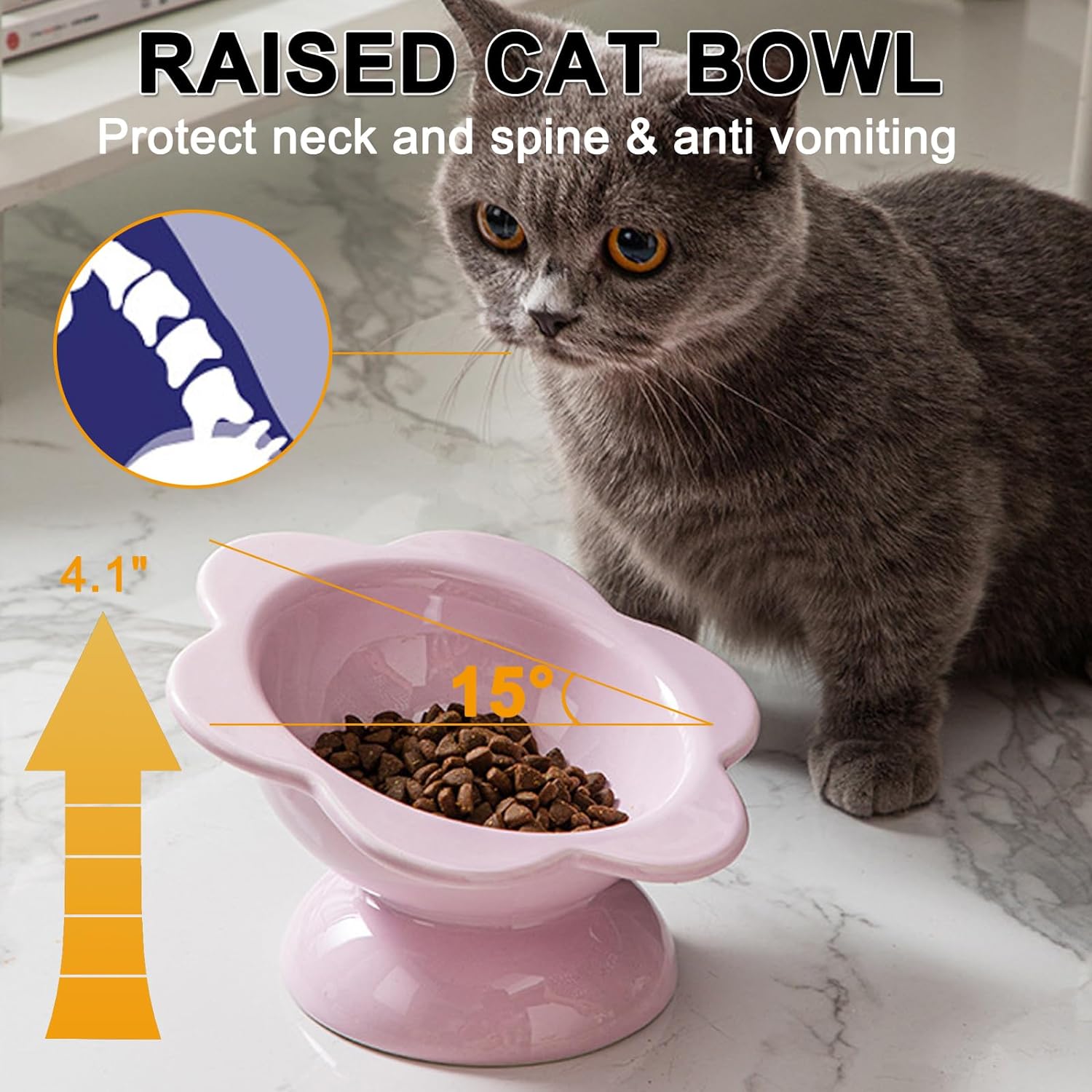 KUTKUT Ceramic Raised Cat Bowl Cute Flower Raised Cat Food Bowl Elevated Cat Bowl Tilted Dog Bowl Cat Dishes for Anti Vomiting Protecting Spine (Capacity: 200ML) - kutkutstyle