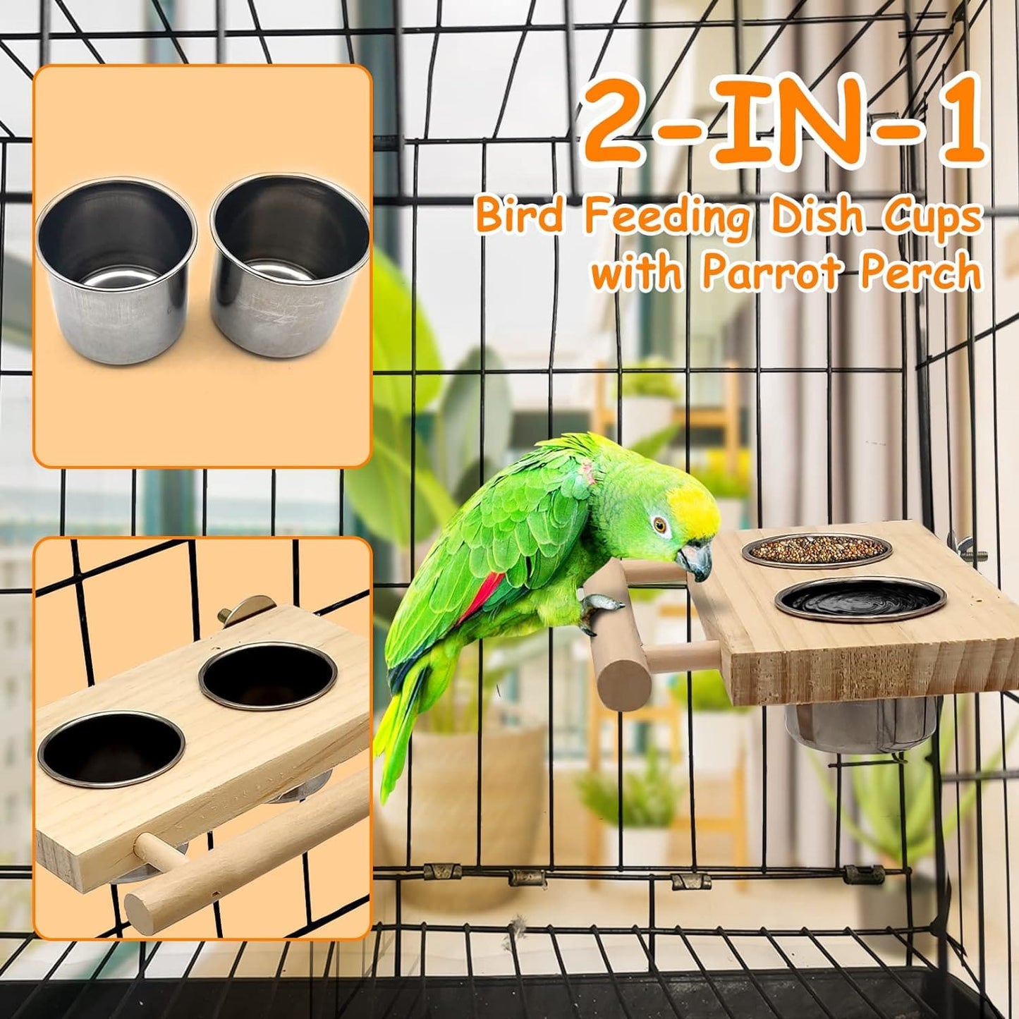 KUTKUT Bird Food & Water Stainless Steel Cups Wooden Perch Stand Hanging Feeder Bowls Feeding and Watering Supplies for Parakeets Conures Cockatiels Budgie Parrot-feeding essentials-kutkutstyle