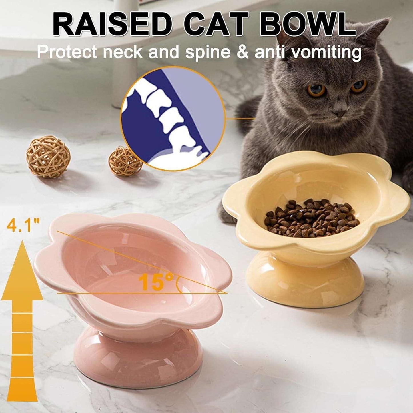 kutkutstyle feeding essentials Wide*Height: 12.5cm*10.4cm KUTKUT 2Pack Ceramic Raised Cat Food Bowl, Tilted Flower Shaped Food or Water Bowl for Cats and Small Dogs, Anti Vomiting Pet Feeder Dish Whisker Fatigue Cat Bowl (Capacity: 200ML)