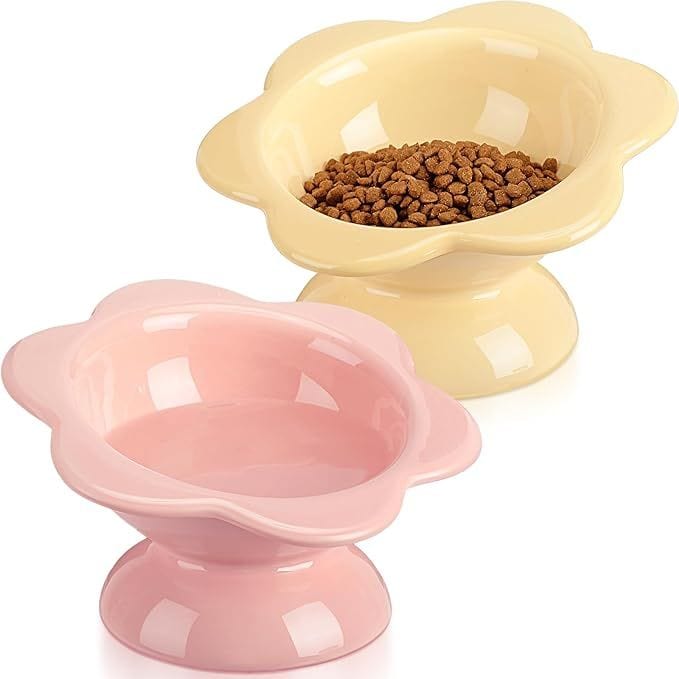 KUTKUT 2Pack Ceramic Raised Cat Food Bowl, Tilted Flower Shaped Food or Water Bowl for Cats and Small Dogs, Anti Vomiting Pet Feeder Dish Whisker Fatigue Cat Bowl (Capacity: 200ML)-feeding essentials-kutkutstyle
