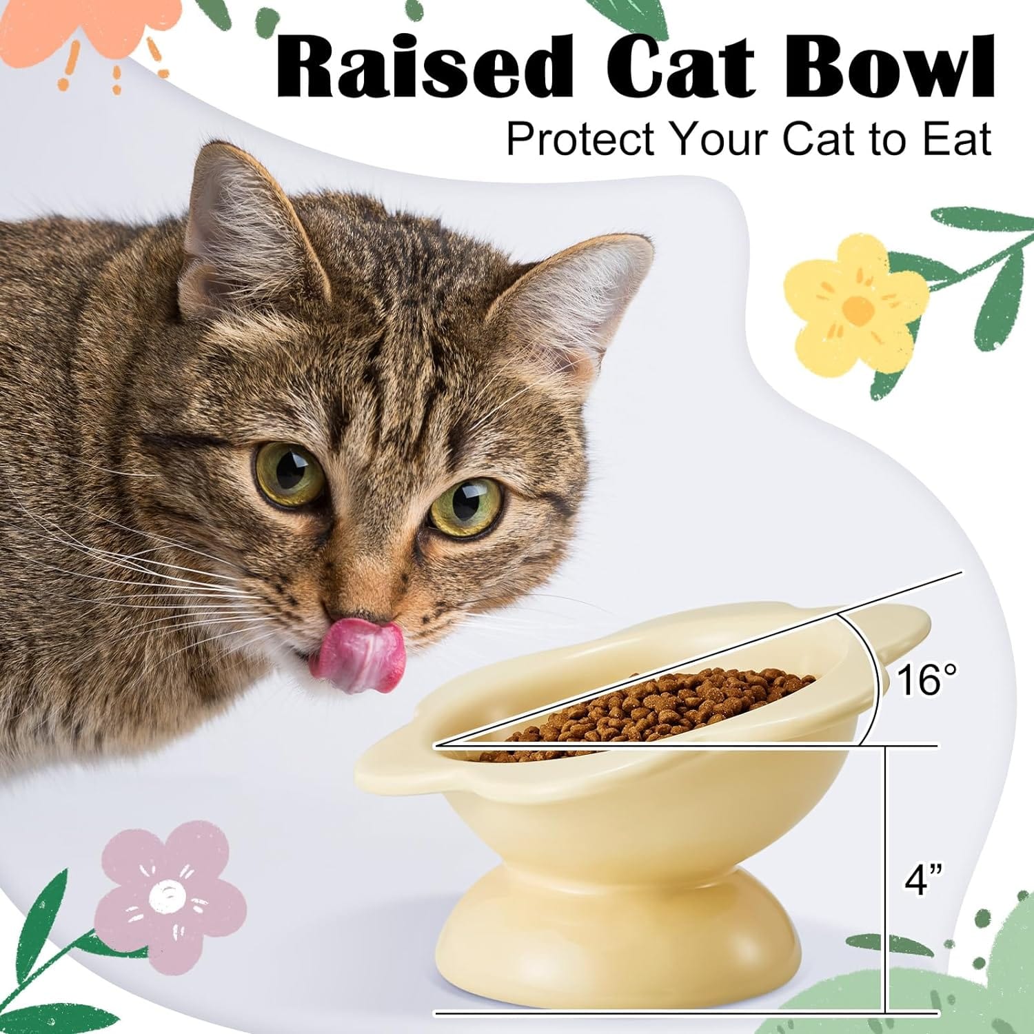 KUTKUT Ceramic Raised Cat Food Bowl, Tilted Flower Shaped Food or Water Bowl for Cats and Small Dogs, Anti Vomiting Pet Feeder Dish Whisker Fatigue Cat Bowl (Capacity: 200ML) - kutkutstyle
