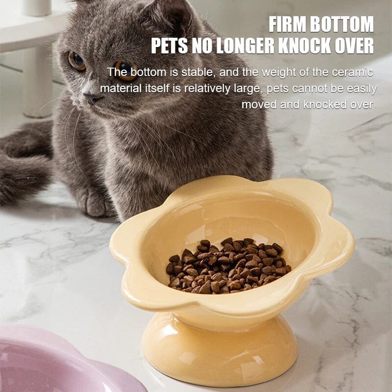 KUTKUT Ceramic Raised Cat Food Bowl, Tilted Flower Shaped Food or Water Bowl for Cats and Small Dogs, Anti Vomiting Pet Feeder Dish Whisker Fatigue Cat Bowl (Capacity: 200ML) - kutkutstyle