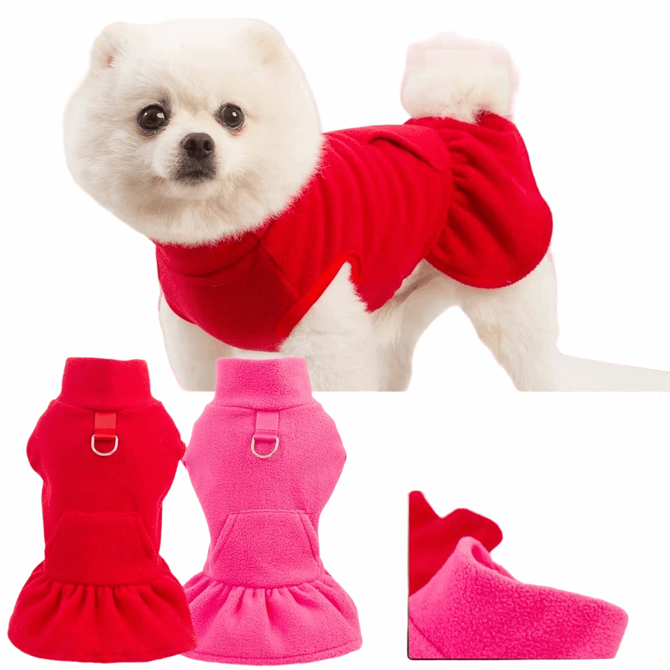 kutkutstyle Frock KUTKUT 2Pcs Turtleneck Dog Sweater for Small Dog Cat Girl, Fall Dog Sweater Dress with Pocket D-Ring, Puppy Sweater Fleece Dog Dress with Harness, Dog Dress Pet Clothes