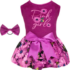 KUTKUT Festival Cute Small Girl Dog & Cat Dress, Pink Daisy Velvet Party Princess Dress for Small Dogs Cat Girl Puppy Kitten, Ribbon Bow Dress for ToyPom, Maltese,Yorkii,Papillon - kutkutstyl