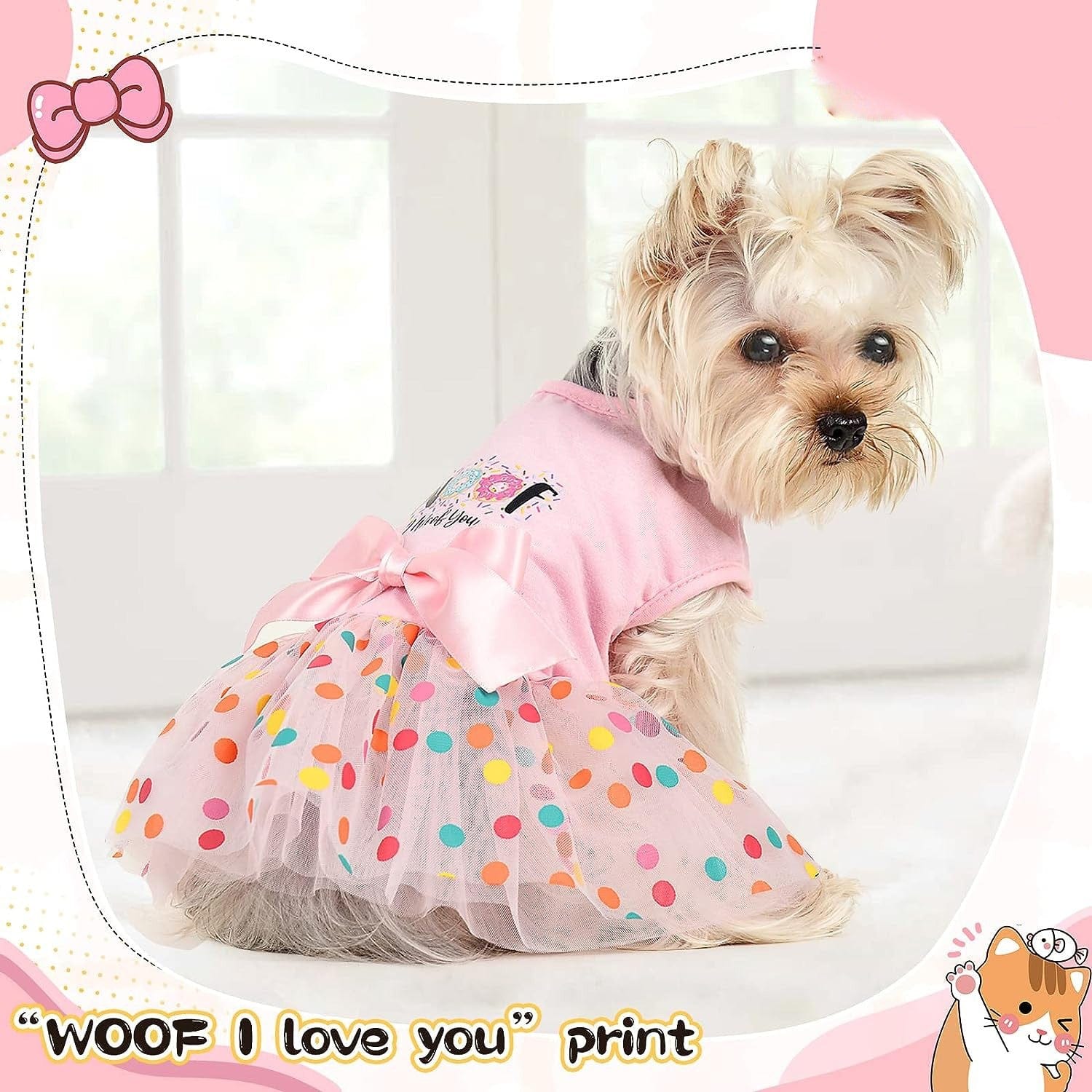 KUTKUT Small Dog Birthday Dress,Colourfull Polka Print Spring Clothes for Small Dogs Cat Puppy Kitten Princess Tutu Cute Dog Tulle Dresses Pet Party Dress - kutkutstyle