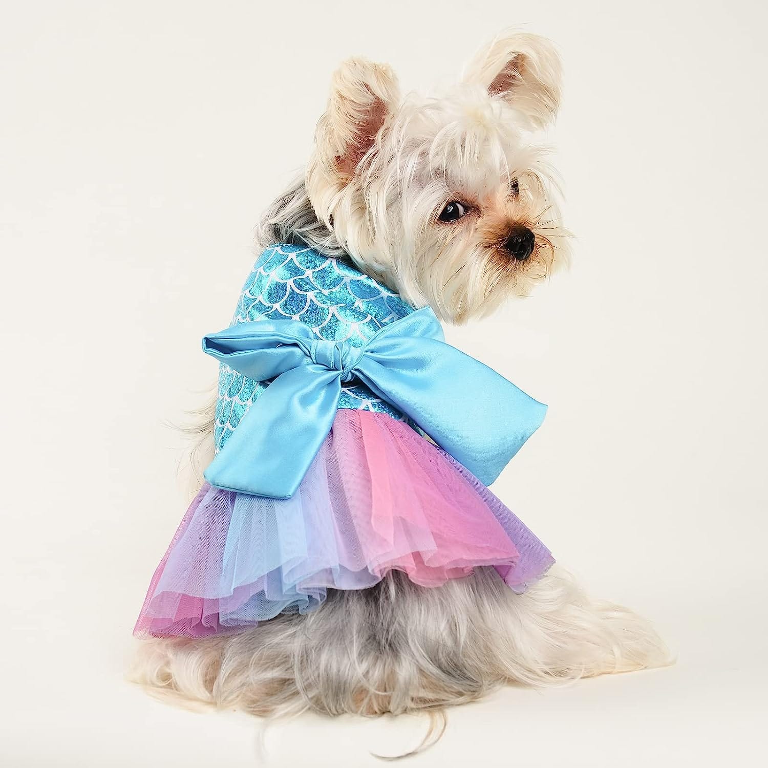 KUTKUT Small Dog Birthday Dress, Mermaid Print Spring Clothes for Small Dogs Girl Puppy Princess Tutu Cute Puppy Kitten Tulle Dresses Pet Party Costumes - kutkutstyle