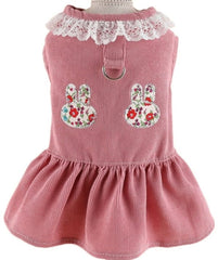 KUTKUT Small Dog Cat Frock, Lace Corduroy Dog Skirt Dress Cute Rabbit Head Harness Dress with D Ring for Puppy Yorkii, Maltese, Bichon etc - kutkutstyle