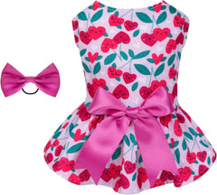 KUTKUT Small Dog Cat Girl Dress, Cherry Princess Breathable Frock for Small Dogs Cat Girl Puppy Kitten, Ribbon Bow Skirt Dress for ToyPom, Maltese, Yorkii, Papillon - kutkutstyle