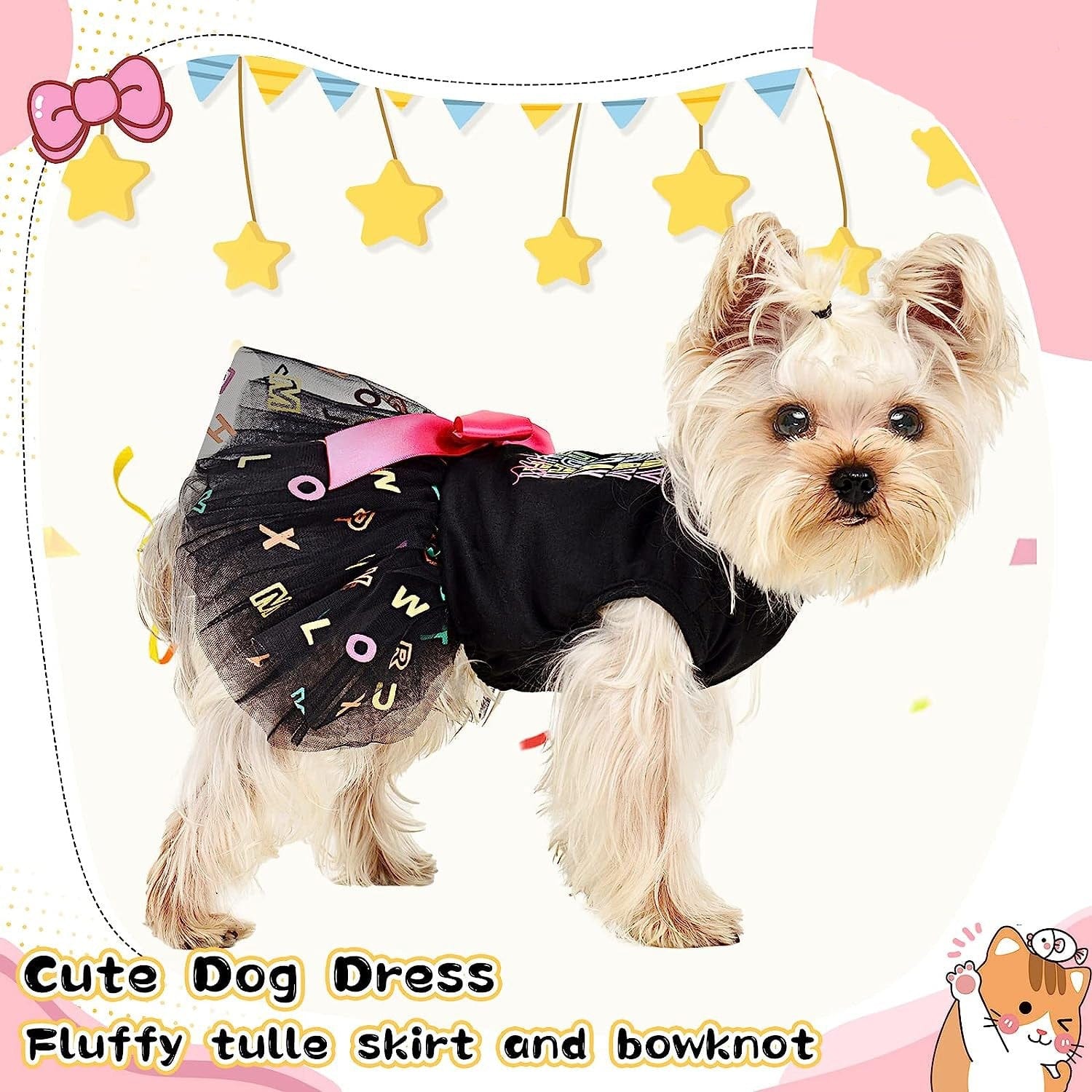 KUTKUT Small Dog Dress Birthday Clothes for Small Dogs & Cats &  Alphabet Colorful Print Mesh Girl Dog Dress &  Summer Tutu Princess Pet Puppy Clothing - kutkutstyle