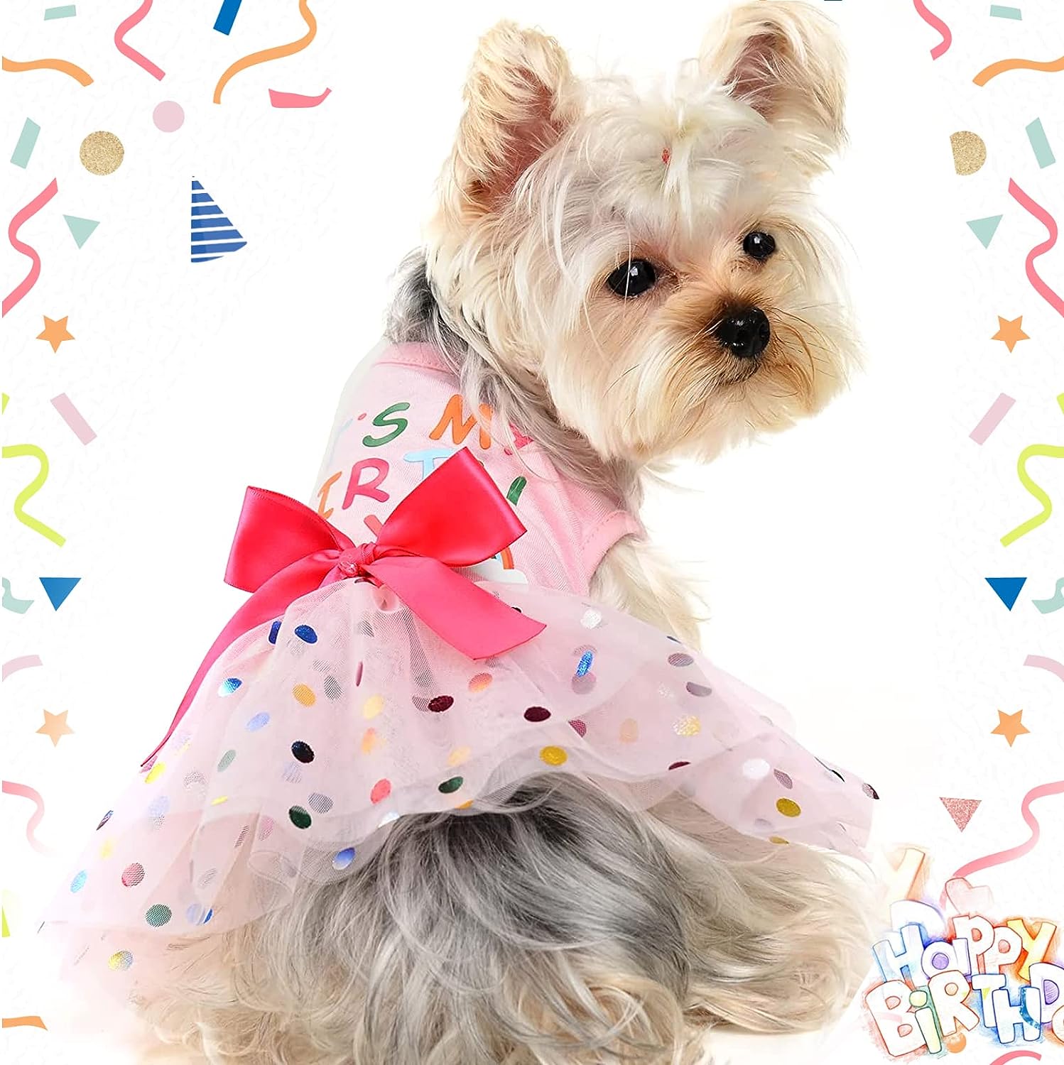 KUTKUT Small Dog Dress Birthday Clothes for Small Dogs & Cats &  Polka Colorful Print Mesh Girl Dog Dress &  Summer Tutu Princess Pet Puppy Clothing - kutkutstyle