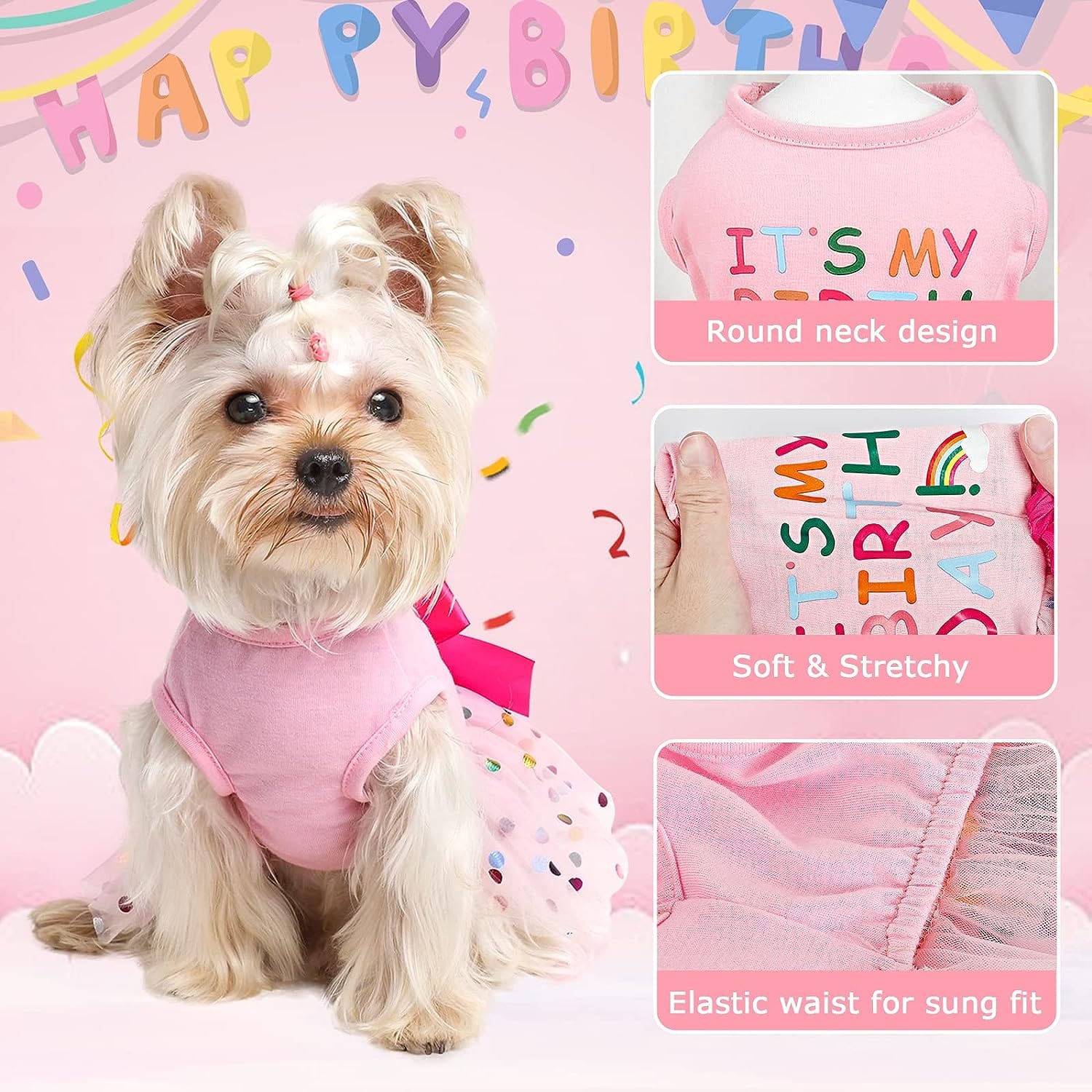 KUTKUT Small Dog Dress Birthday Clothes for Small Dogs & Cats &  Polka Colorful Print Mesh Girl Dog Dress &  Summer Tutu Princess Pet Puppy Clothing - kutkutstyle