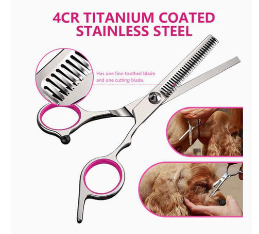 7 Inch, 4 Pcs/ Set 4CR Stainless Steel Heavy Duty Titanium Coated Pet Grooming Scissors Kit ,Safety Round Tip- Thinning, Straight, Curved Shears for Long Short Hair for Dog/Cat, Dog Scissor, 