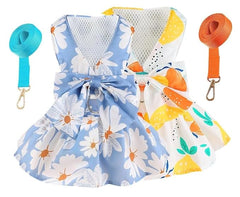 KUTKUT 2Pcs Small Dog Bowknot Harness Dress, Straberries & Floral Pattern Girl Dog Dresses Cute Puppy Pet Doggy Breathable Princess Dress for King Charles, French Bulldog etc - kutkutstyle