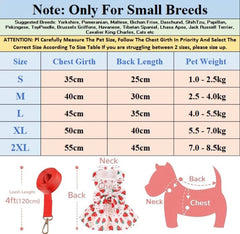 KUTKUT 2Pcs Small Dog Bowknot Harness Dress, Straberries & Floral Pattern Girl Dog Dresses Cute Puppy Pet Doggy Breathable Princess Dress for King Charles, French Bulldog etc - kutkutstyle