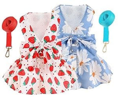 KUTKUT 2Pcs Small Dog Bowknot Harness Dress, Straberries & Floral Pattern Girl Dog Dresses Cute Puppy Pet Doggy Breathable Princess Dress for King Charles, French Bulldog etc - kutkutstyle