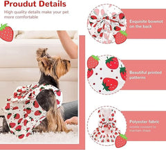 KUTKUT 2Pcs Small Dog Bowknot Harness Dress, Straberries & Floral Pattern Girl Dog Dresses Cute Puppy Pet Doggy Breathable Princess Dress for King Charles, French Bulldog etc - kutkutstyle