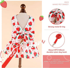 KUTKUT 2Pcs Small Dog Bowknot Harness Dress, Straberries & Floral Pattern Girl Dog Dresses Cute Puppy Pet Doggy Breathable Princess Dress for King Charles, French Bulldog etc - kutkutstyle