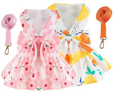 KUTKUT 2Pcs Small Dog Bowknot Harness Dress, Straberries & Floral Pattern Girl Dog Dresses Cute Puppy Pet Doggy Breathable Princess Dress for King Charles, French Bulldog etc - kutkutstyle