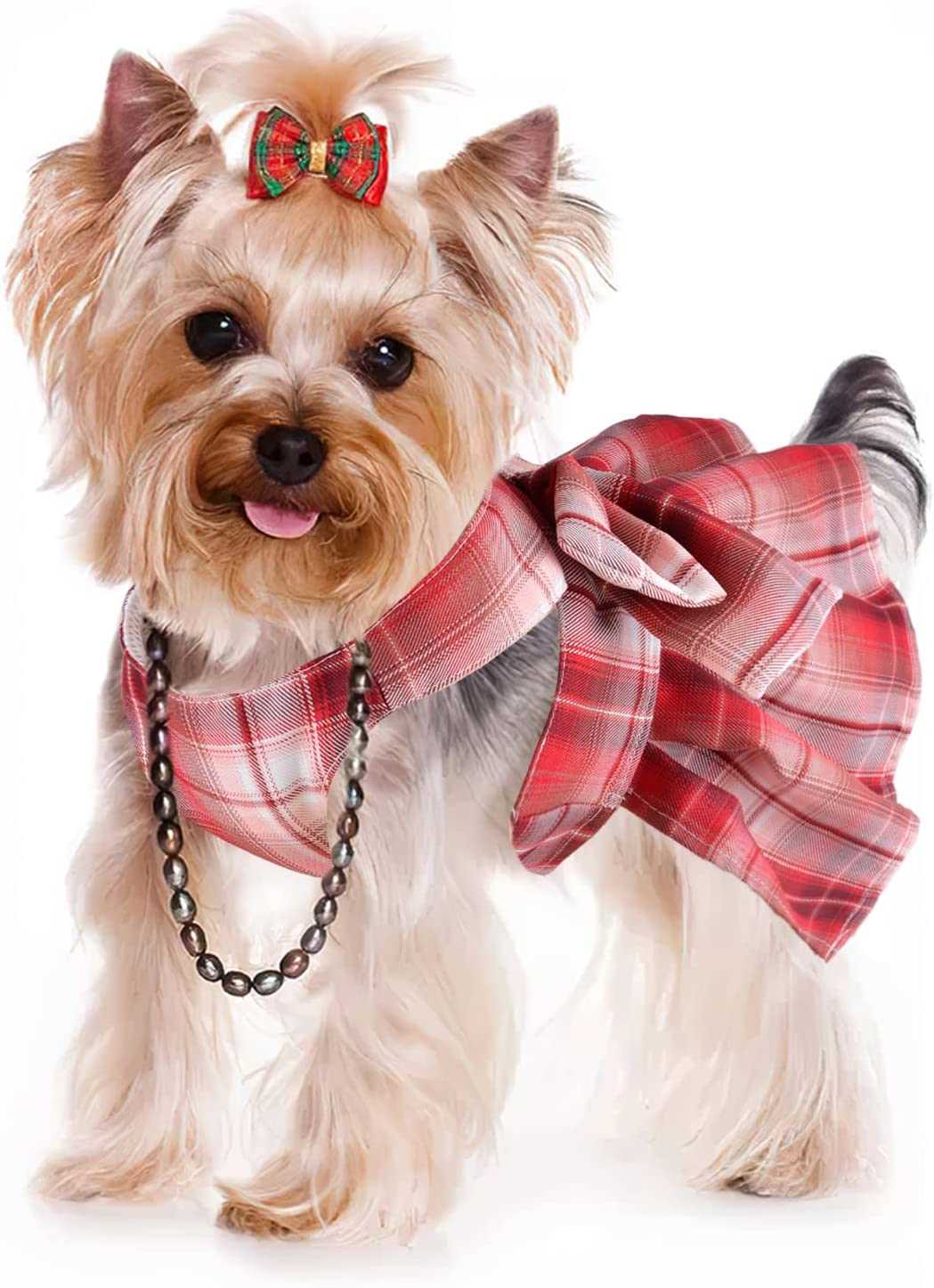 KUTKUT 3Pcs Plaid Dog Cats Dress Bow Tie Harness Leash Set Harness Dress for Small Dogs Cute Dog Pet Girl Puppy Adjustable Doggie Summer Dresses for Small Dogs Cats - kutkutstyle