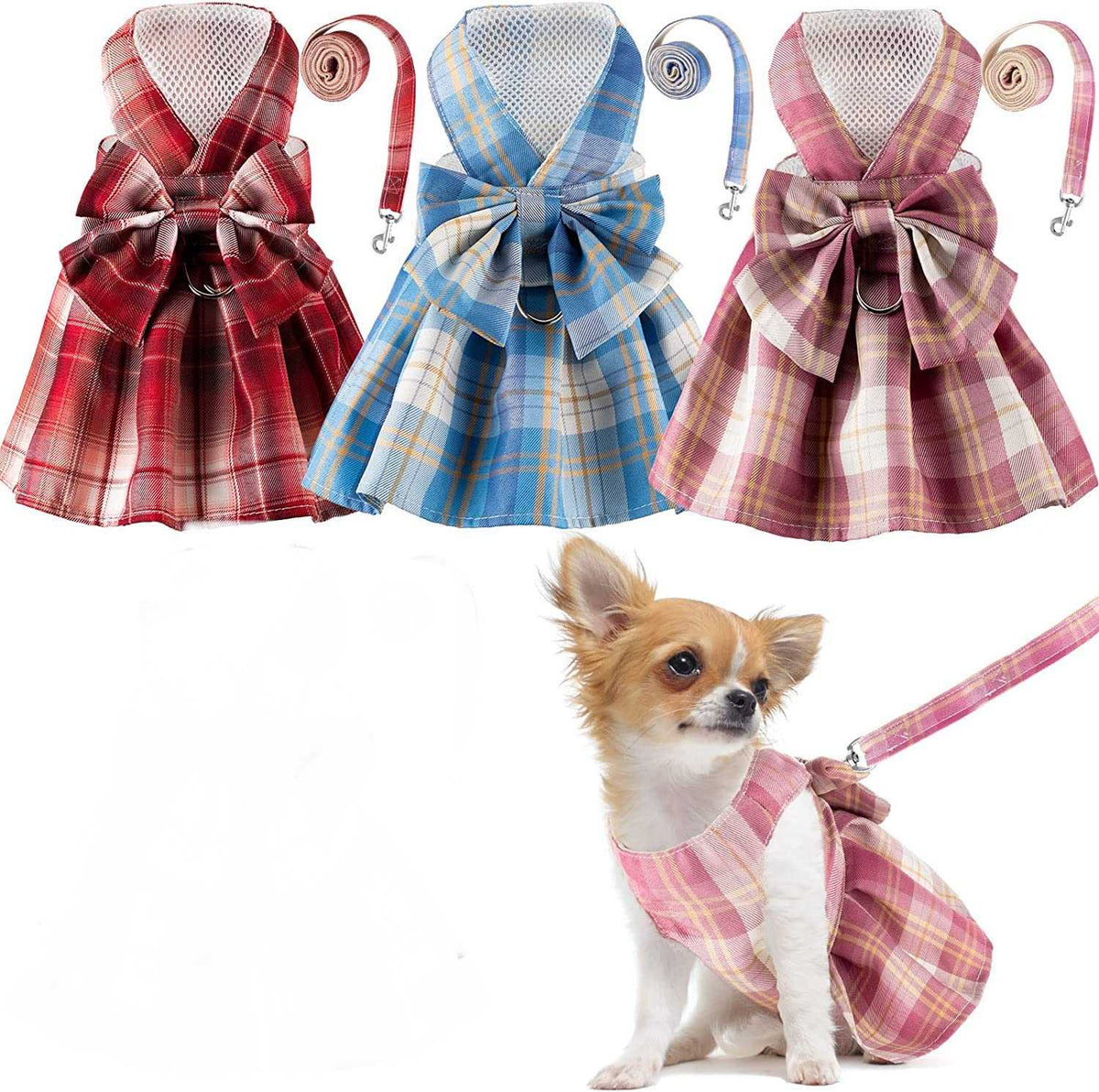 KUTKUT 3Pcs Plaid Dog Cats Dress Bow Tie Harness Leash Set Harness Dress for Small Dogs Cute Dog Pet Girl Puppy Adjustable Doggie Summer Dresses for Small Dogs Cats - kutkutstyle