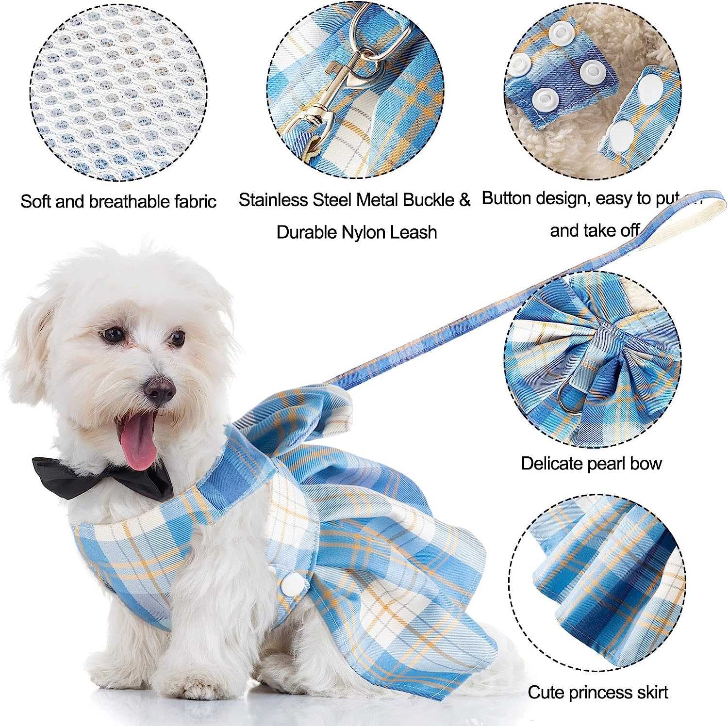 KUTKUT 3Pcs Plaid Dog Cats Dress Bow Tie Harness Leash Set Harness Dress for Small Dogs Cute Dog Pet Girl Puppy Adjustable Doggie Summer Dresses for Small Dogs Cats - kutkutstyle