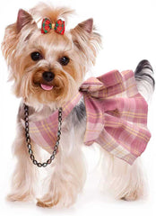 KUTKUT 4 Pcs Plaid Dog Cats Dress Bow Tie Harness Leash Set Harness Dress for Small Dogs Cute Dog Pet Girl Puppy Adjustable Doggie Summer Dresses for Small Dogs Cats - kutkutstyle