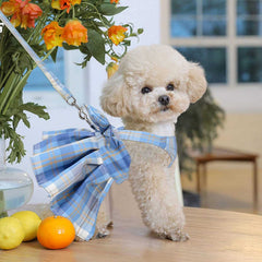 KUTKUT 4 Pcs Plaid Dog Cats Dress Bow Tie Harness Leash Set Harness Dress for Small Dogs Cute Dog Pet Girl Puppy Adjustable Doggie Summer Dresses for Small Dogs Cats - kutkutstyle