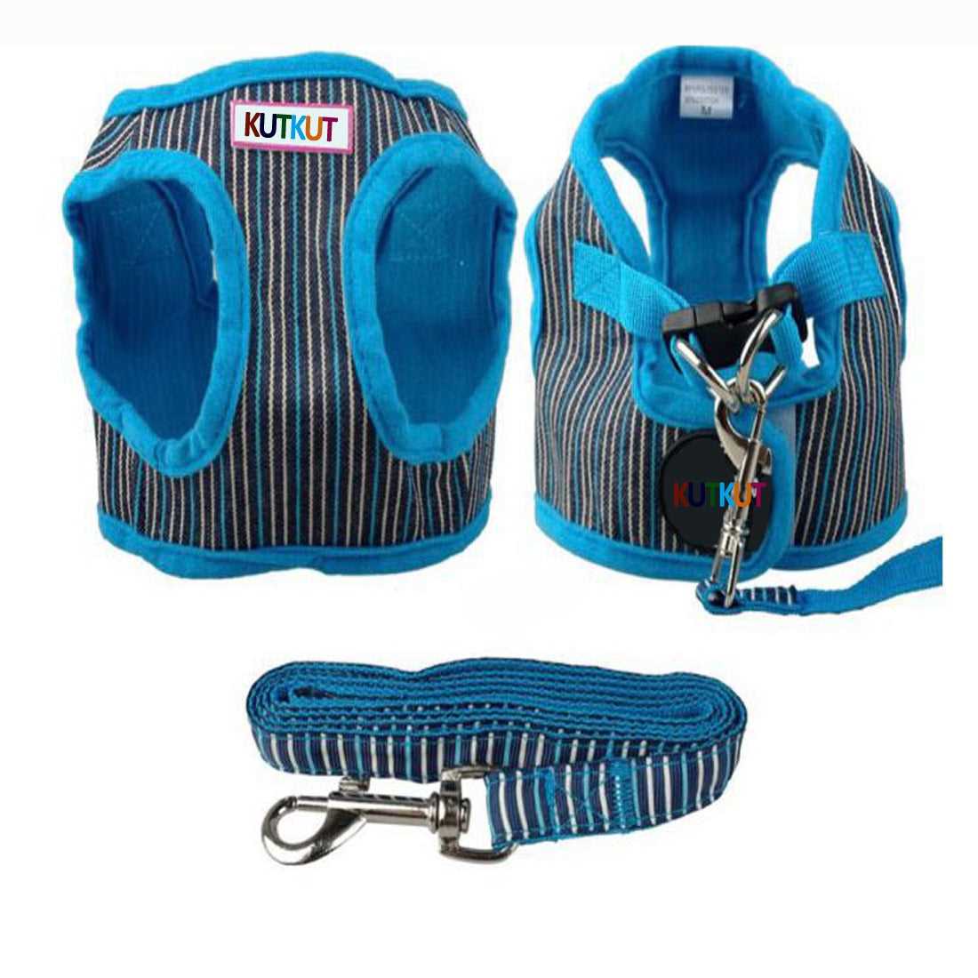 KUTKUT Adjustable No-Pull & No-Choke Vest Harness | Blue Stripes Print Soft Comfortable Breathable Vest Harness and Leash Set for Puppy - kutkutstyle