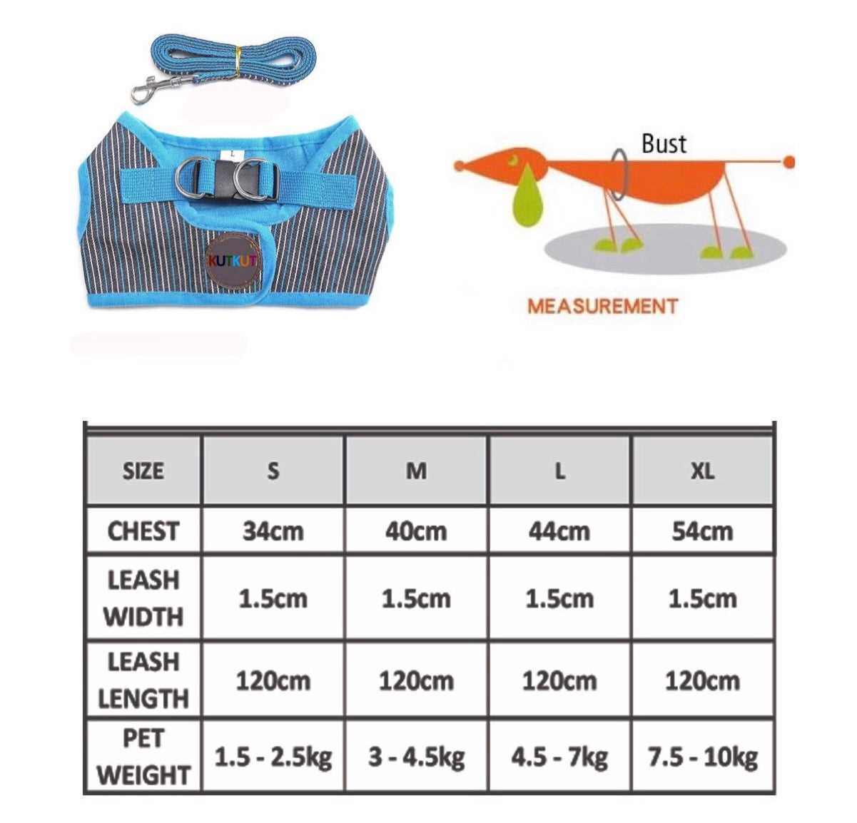 KUTKUT Adjustable No-Pull & No-Choke Vest Harness | Blue Stripes Print Soft Comfortable Breathable Vest Harness and Leash Set for Puppy - kutkutstyle