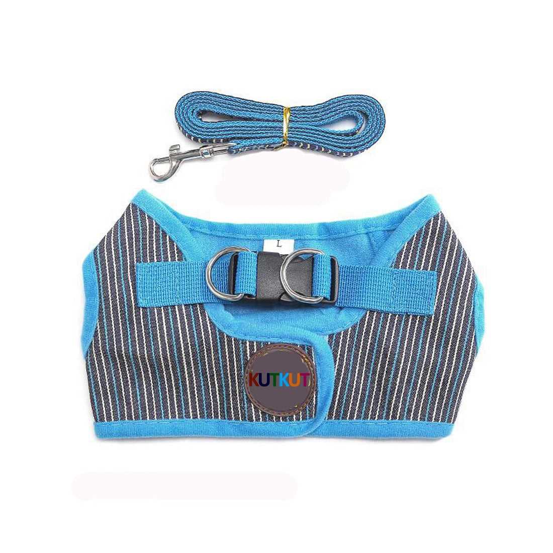 KUTKUT Adjustable No-Pull & No-Choke Vest Harness | Blue Stripes Print Soft Comfortable Breathable Vest Harness and Leash Set for Puppy - kutkutstyle