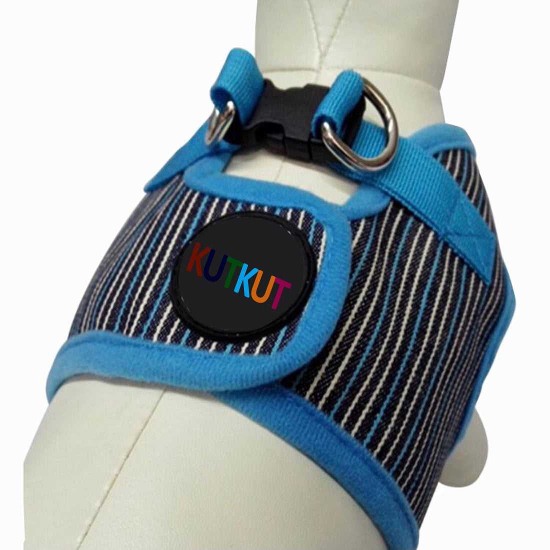 KUTKUT Adjustable No-Pull & No-Choke Vest Harness | Blue Stripes Print Soft Comfortable Breathable Vest Harness and Leash Set for Puppy - kutkutstyle