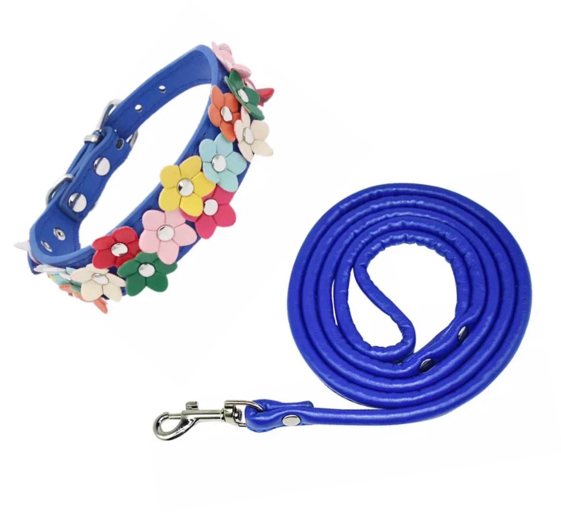 KUTKUT Adjustable PU Leather Colorful Flower Studded Collar and Leash Set for Dogs/Cats (Size: M, Adjustable Length: 32-38cm) - kutkutstyle