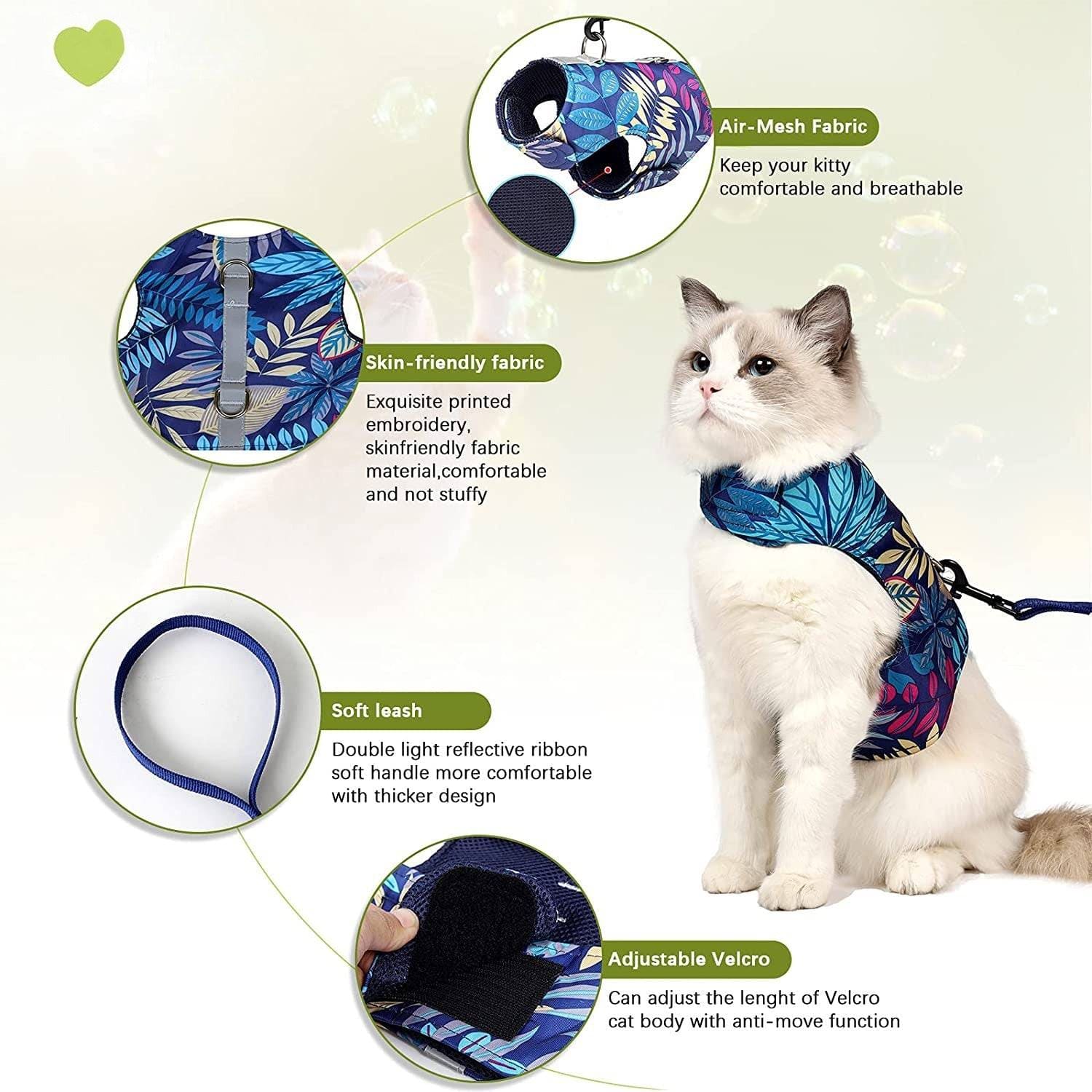 KUTKUT Cat Harness and Leash for Walking Escape Proof Air Mesh Fabric Outdoor Walking Vest with Reflective Strips for Cute Kittens and Small Puppies - kutkutstyle