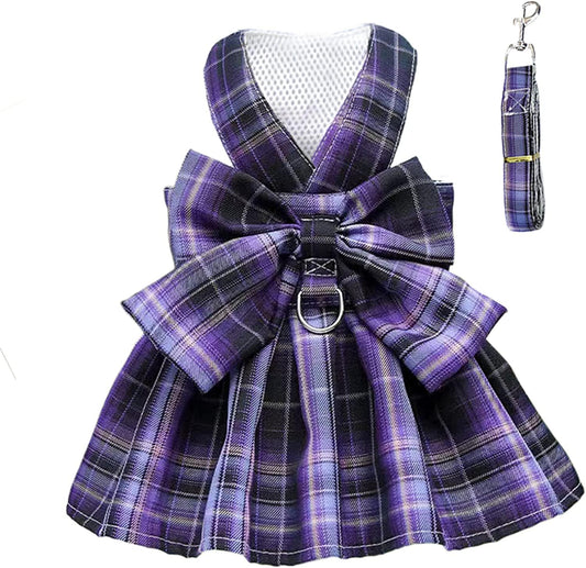 KUTKUT Plaid Dog Dress Bow Tie Harness Leash Set Harness Dress for Small Dogs, Puppy, D Ring Outfits for Small Dogs Skirt Doggy Puppies Harness Vest Outdoor-Harness-kutkutstyle