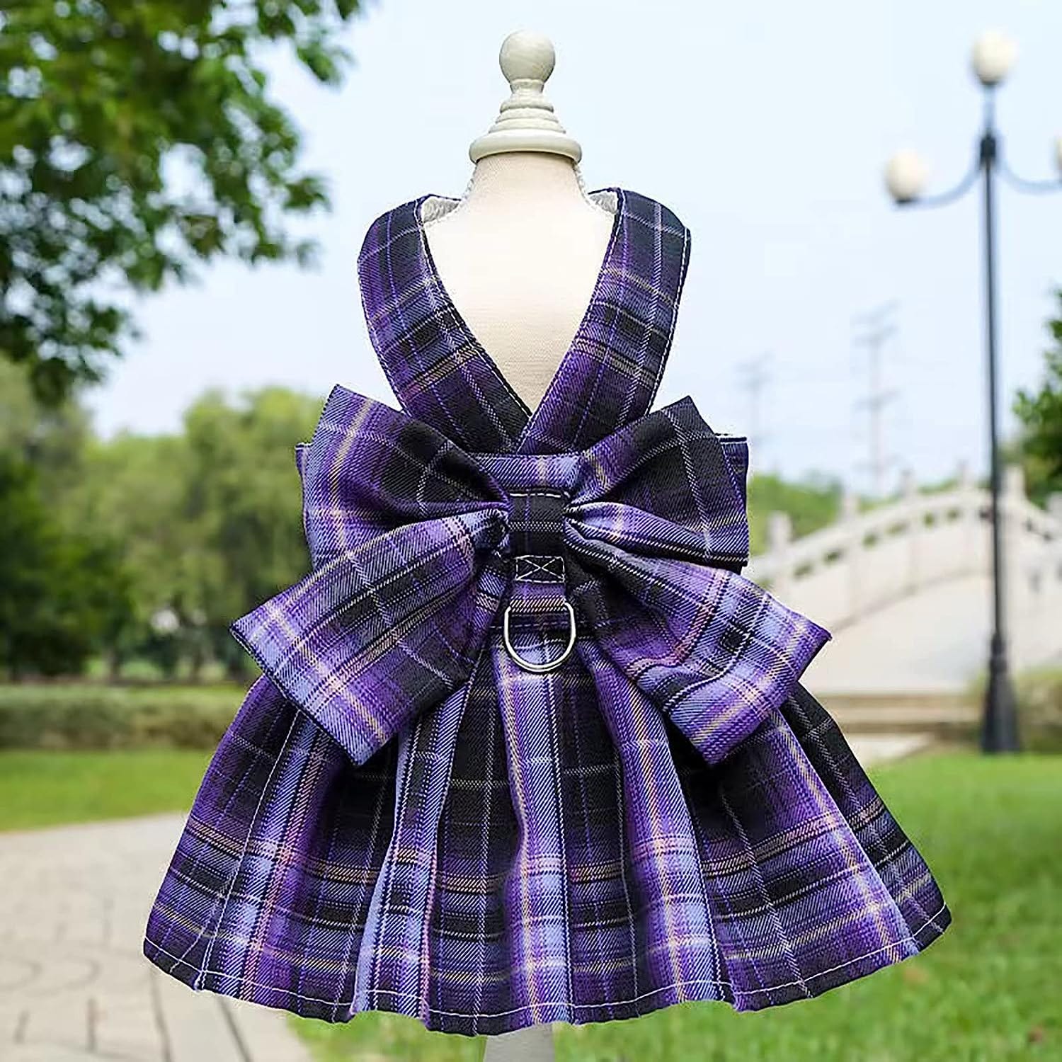 KUTKUT Plaid Dog Dress Bow Tie Harness Leash Set Harness Dress for Small Dogs, Puppy, D Ring Outfits for Small Dogs Skirt Doggy Puppies Harness Vest Outdoor-Harness-kutkutstyle