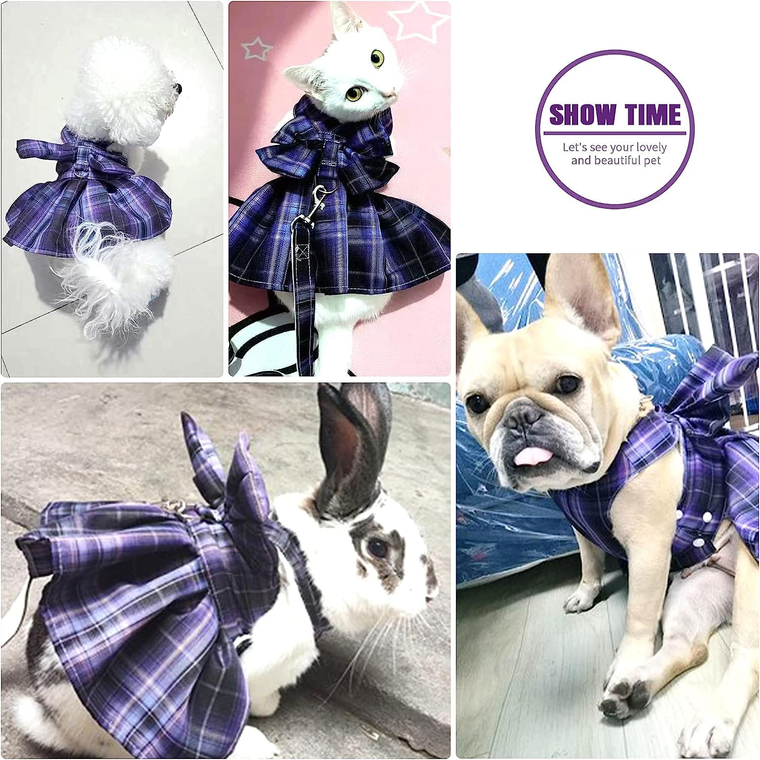 KUTKUT Plaid Dog Dress Bow Tie Harness Leash Set Harness Dress for Small Dogs, Puppy, D Ring Outfits for Small Dogs Skirt Doggy Puppies Harness Vest Outdoor-Harness-kutkutstyle