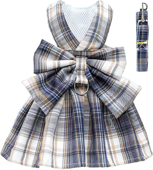 KUTKUT Plaid Dog Dress Bow Tie Harness Leash Set Harness Dress for Small Dogs, Puppy, D Ring Outfits for Small Dogs Skirt Doggy Puppies Harness Vest Outdoor-Harness-kutkutstyle