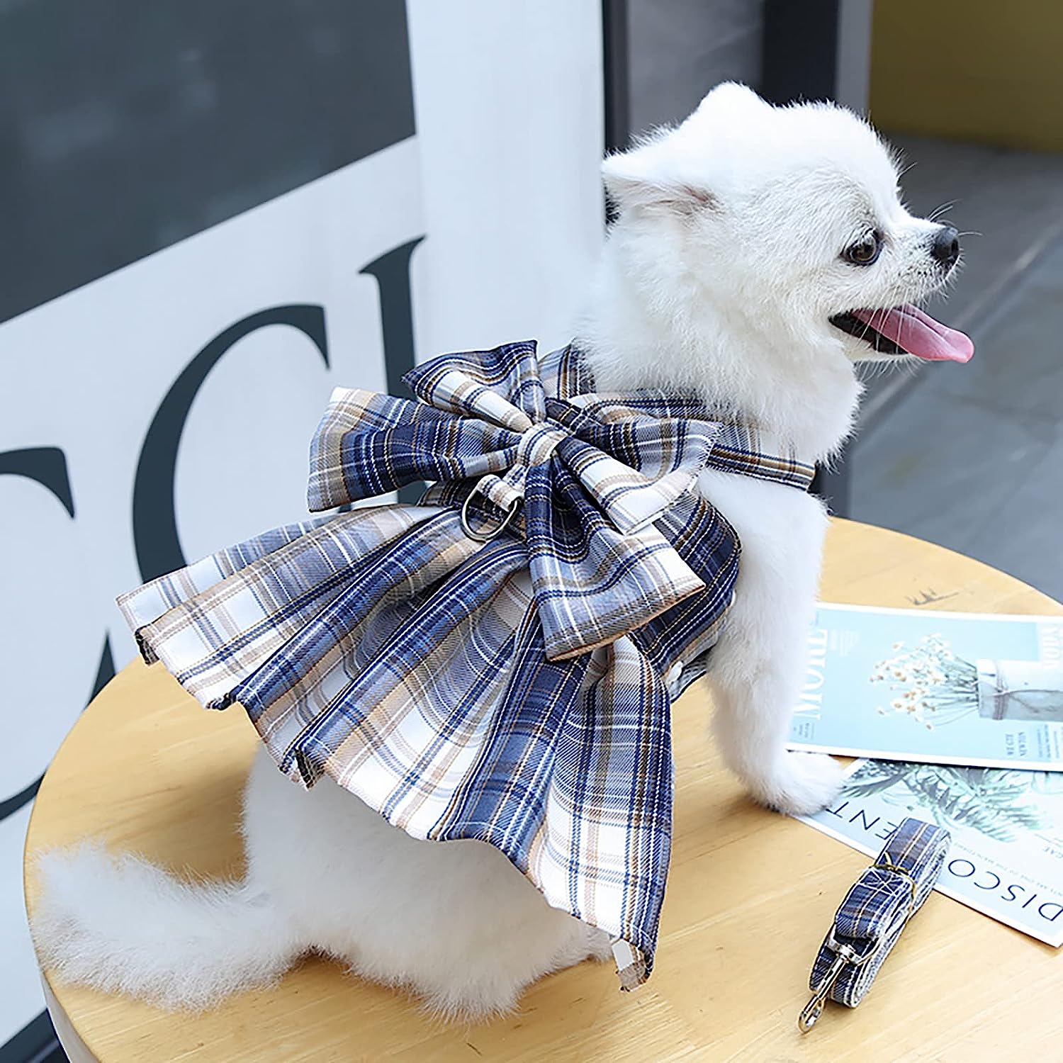 KUTKUT Plaid Dog Dress Bow Tie Harness Leash Set Harness Dress for Small Dogs, Puppy, D Ring Outfits for Small Dogs Skirt Doggy Puppies Harness Vest Outdoor-Harness-kutkutstyle
