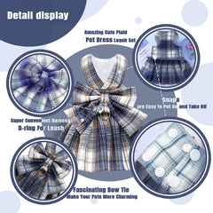 KUTKUT Plaid Dog Dress Bow Tie Harness Leash Set Harness Dress for Small Dogs, Puppy, D Ring Outfits for Small Dogs Skirt Doggy Puppies Harness Vest Outdoor-Harness-kutkutstyle