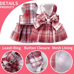 KUTKUT Plaid Dog Dress Bow Tie Harness with Leash Set-Harness-kutkutstyle