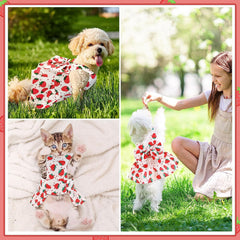 KUTKUT Small Dog Harness Dress and Leash Set Cute Bowknot Puppy Cat Princess Girl Dress Dog Clothes Soft Mesh Straberries Pattern Girl Dog Dress for Shihtzu, Poodle, King Charles - kutkutstyl