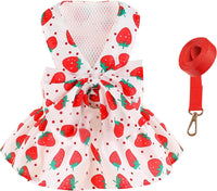 KUTKUT Small Dog Harness Dress and Leash Set Cute Bowknot Puppy Cat Princess Girl Dress Dog Clothes Soft Mesh Straberries Pattern Girl Dog Dress for Shihtzu, Poodle, King Charles - kutkutstyl