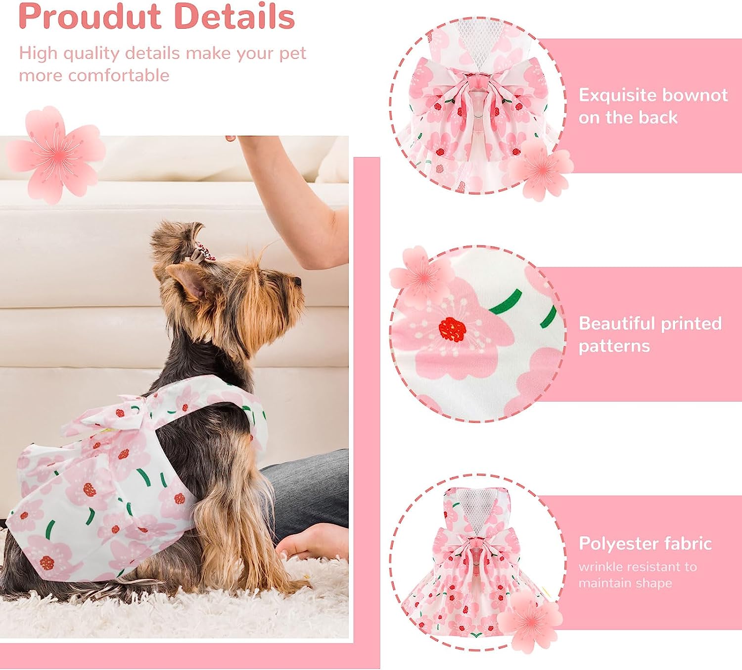 KUTKUT Small Dog Harness Dress and Leash Set Cute Bowknot Puppy Cat Princess Girl Dress Dog Clothes Soft Mesh Straberries Pattern Girl Dog Dress for Shihtzu, Poodle, King Charles - kutkutstyl